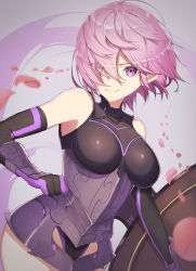 1girl absurdres armor armored_dress bare_shoulders black_dress black_gloves black_leotard breasts closed_mouth dress elbow_gloves fate/grand_order fate_(series) gloves hair_over_one_eye highleg highleg_leotard highres large_breasts leotard light_purple_hair looking_at_viewer mamesuke_(mamesuke_01) mash_kyrielight mash_kyrielight_(demi-servant) petals purple_eyes shield short_dress short_hair smile solo