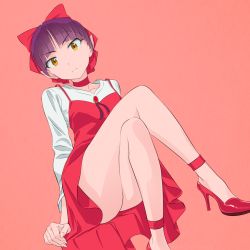 Rule 34 | 1girl, akagi (fmttps), bad id, bad pixiv id, bare legs, bow, brooch, choker, closed mouth, crossed legs, dress, gegege no kitarou, hair bow, high heels, jewelry, long sleeves, looking at viewer, nekomusume, nekomusume (gegege no kitarou 6), pointy ears, purple hair, red bow, red choker, red dress, shirt, short hair, simple background, sitting, solo, white shirt, yellow eyes