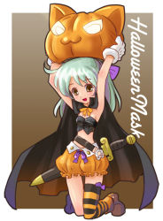 Rule 34 | :3, belt, bloomers, bow, cape, full body, gloves, hair bow, halloween, jack-o&#039;-lantern, katahira masashi, orange bloomers, pumpkin, solo, striped clothes, striped thighhighs, sword, thighhighs, underwear, weapon