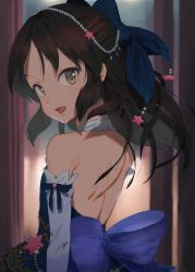 Rule 34 | 10s, 1girl, backless dress, backless outfit, bare back, blush, bow, brown eyes, brown hair, commentary request, daifukumochi (qquuiieett), detached collar, detached sleeves, dress, hair bow, half updo, highres, idolmaster, idolmaster cinderella girls, long hair, looking back, smile, solo, star (symbol), tachibana arisu