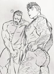 Rule 34 | 2boys, ?, abs, arm hair, ass hair, bara, billy russell (dickfish), chest hair, couple, covering privates, covering crotch, dickfish (fishismdick), facial hair, feet out of frame, from below, fundoshi, fundoshi day, fundoshi pull, glasses, hairy, highres, japanese clothes, john rottweil (dickfish), large pectorals, leg hair, loincloth lift, looking at viewer, male focus, mature male, multiple boys, muscular, muscular male, mustache, navel, navel hair, nipples, original, pectorals, pulled by self, raised eyebrows, scan, short hair, sideburns, sketch, spoken question mark, stomach, thick eyebrows, thick thighs, thighs, topless male, traditional media, yaoi