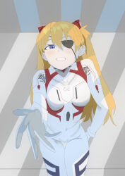 Rule 34 | 1girl, absurdres, artist request, bodysuit, breasts, evangelion: 3.0+1.0 thrice upon a time, eyepatch, hand on own hip, highres, interface headset, long hair, looking at another, looking at viewer, medium breasts, neon genesis evangelion, pilot suit, plugsuit, reaching, rebuild of evangelion, simple background, solo, souryuu asuka langley, white bodysuit