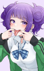Rule 34 | 1girl, absurdres, blunt bangs, blush, bow, bowtie, choker, collarbone, collared shirt, diagonal bangs, earrings, highres, idolmaster, idolmaster shiny colors, jacket, jewelry, looking at viewer, loose bowtie, medium hair, mouth pull, multiple earrings, nail polish, open mouth, purple eyes, purple hair, school uniform, shirt, simple background, solo, spiked choker, spikes, tanaka mamimi, tokufumi, twintails, white background
