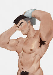 Rule 34 | 1boy, abs, absurdres, artist request, bara, beard stubble, blush, completely nude, cowboy shot, excessive armpit hair, excessive pubic hair, facial hair, from side, highres, large pectorals, looking ahead, male focus, male pubic hair, mature male, medium sideburns, muscular, muscular male, mustache stubble, navel, nipples, nude, original, pectorals, pubic hair, short hair, solo, stomach, stubble, sweat, thick eyebrows, very sweaty, wiping sweat