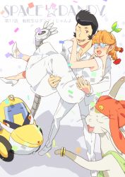 Rule 34 | 10s, 1boy, 1girl, @ @, blush, braid, carrying, coke-bottle glasses, confetti, dandy (space dandy), dress, formal, freckles (space dandy), glasses, high heels, meow (space dandy), mosuko, one eye closed, pixiv sample, pointy ears, pompadour, princess carry, qt (space dandy), robot, space dandy, suit, twin braids, white dress, white suit