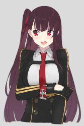 Rule 34 | 1girl, black gloves, blush, buttons, collared shirt, cropped torso, double-breasted, fhang, girls&#039; frontline, gloves, long hair, long sleeves, looking to the side, military, military uniform, necktie, one side up, open mouth, purple hair, red eyes, red necktie, shirt, solo, teeth, underbust, uniform, upper body, wa2000 (girls&#039; frontline), white shirt