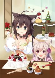Rule 34 | 2girls, :3, :d, :q, absurdres, ahoge, animal ears, apron, bare shoulders, blueberry, blush, bottle, breasts, brown hair, cake, candy, candy cane, cat ears, chicken (food), child, chocolate, christmas, christmas stocking, christmas tree, cleavage, closed mouth, collar, collarbone, cutting board, flower, food, food on face, fruit, glass, green eyes, hair between eyes, hair bobbles, hair ornament, hair ribbon, hat, highres, holding, indoors, knife, large breasts, long hair, multiple girls, open mouth, original, pastry bag, pink ribbon, plate, poinsettia, purple eyes, ribbon, santa hat, scan, silver hair, sleeves past wrists, smile, spatula, star (symbol), strawberry, table, takehana note, tongue, tongue out, v-shaped eyebrows, wine bottle
