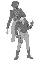 Rule 34 | 10mm pistol, 1girl, boots, breasts, closed mouth, commentary, difman, fallout (series), fallout 3, fingerless gloves, glasses, gloves, greyscale, gun, handgun, highres, holding, holding gun, holding knife, holding weapon, jacket, knife, leather, leather jacket, looking at viewer, medium breasts, middle finger, monochrome, multiple views, pants, print jacket, shirt, short eyebrows, simple background, smile, snake print, thick eyebrows, weapon, white background