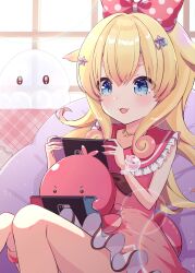 Rule 34 | 1girl, absurdres, blonde hair, blue eyes, bow, bracelet, couch, dress, fang, hair bow, hair ornament, handheld game console, highres, holding, holding handheld game console, idol corp, jewelry, long hair, momo otako, necklace, nintendo switch, open mouth, pink bow, pink dress, polka dot, second-party source, shell hair ornament, sitting, star (symbol), star hair ornament, star necklace, tentacle hair, uni (maru231), virtual youtuber, window