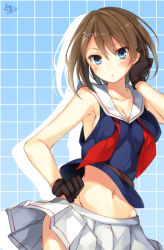 Rule 34 | 10s, 1girl, black gloves, blue eyes, blush, breasts, brown hair, cleavage, gloves, hair ornament, headgear, kantai collection, looking at viewer, maya (kancolle), midriff, midriff peek, navel, neckerchief, one-hour drawing challenge, personification, pleated skirt, school uniform, short hair, signature, skirt, solo, toosaka asagi