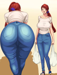 Rule 34 | 1girl, artist request, ass, blue eyes, blush, breasts, denim, from behind, highres, huge ass, jeans, large breasts, leaning, leaning forward, long hair, looking at viewer, no bra, open mouth, original, pants, ponytail, scrunchie, shiny clothes, shirt, smile, solo
