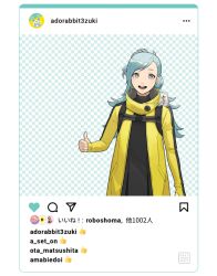 Rule 34 | 1girl, ai the somnium files, blue eyes, blue hair, driftwoodwolf, high collar, instagram, jacket, long hair, looking at viewer, okiura mizuki, open clothes, open jacket, open mouth, solo, teeth, thumbs up, upper teeth only, yellow jacket