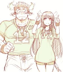 Rule 34 | 1boy, 1girl, animal ears, bara, blush, cow ears, facial hair, forked eyebrows, highres, horns, looking at another, protagonist 2 (housamo), monochrome, muscular, pectorals, short hair, shorts, sketch, smile, sportswear, thick eyebrows, tokyo houkago summoners, wakan tanka, white background, yakisoba ohmori