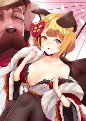Rule 34 | 1girl, absurdres, alternate breast size, animal, animal ears, bare shoulders, black pantyhose, blonde hair, blush, bracelet, braid, breasts, brown eyes, cleavage, collarbone, dog, dog ears, erune, flower, frills, fur trim, garjana, granblue fantasy, hair flower, hair ornament, highres, japanese clothes, jewelry, khibiki, kimono, large breasts, long sleeves, looking at viewer, obi, off shoulder, open clothes, open kimono, open mouth, pantyhose, parted lips, red flower, revision, rope, sash, shimenawa, short hair, smile, vajra (granblue fantasy), wide sleeves