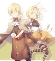 Rule 34 | 1boy, 1girl, ahoge, ascot, blonde hair, blue eyes, bow, brother and sister, bubble skirt, candy, cape, food, hair bow, halloween, iritoa, kagamine len, kagamine rin, lollipop, one eye closed, pantyhose, ponytail, popped collar, short hair, siblings, skirt, smile, striped clothes, striped pantyhose, striped thighhighs, thighhighs, twins, vocaloid