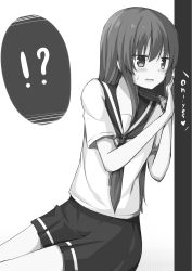 Rule 34 | !?, 10s, 1girl, absurdres, blush, character request, eavesdropping, greyscale, highres, kantai collection, long hair, monochrome, simple background, skirt, solo, tsuchikure, white background