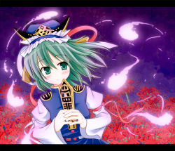 Rule 34 | 1girl, blush, female focus, flower, ghost, green eyes, green hair, hat, letterboxed, liselsia, matching hair/eyes, rod of remorse, shiki eiki, short hair, solo, spider lily, touhou