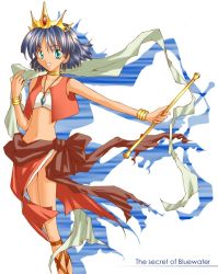Rule 34 | 1990s (style), 1girl, ankle lace-up, bandeau, bare shoulders, baton, blue hair, bracelet, cross-laced footwear, crown, dark skin, dark-skinned female, earrings, female focus, fushigi no umi no nadia, green eyes, hat, isshi, jewelry, loincloth, midriff, nadia la arwall, navel, neck ring, necklace, pelvic curtain, sandals, short hair, solo, strapless, tube top, vest, white background, wind