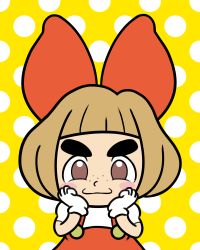 Rule 34 | 1girl, brown eyes, brown hair, child, commentary request, eyebrows, flat color, freckles, gloves, unworn hair bow, hands on own cheeks, hands on own face, highres, lulu (warioware), malev, nintendo, polka dot, polka dot background, short hair, smile, solo, thick eyebrows, v-shaped eyebrows, warioware