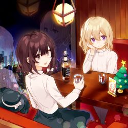 Rule 34 | 2girls, :d, alcohol, alternate costume, bar (place), black headwear, black skirt, black vest, blonde hair, bottle, bow, brown eyes, brown hair, building, ceiling light, chinese commentary, christmas tree, cityscape, closed mouth, commentary, cup, drinking glass, fedora, hair between eyes, hair bow, hand on own cheek, hand on own face, hat, hat bow, unworn hat, head rest, unworn headwear, highres, holding, holding cup, hood, hoodie, kanta (pixiv9296614), long sleeves, looking at viewer, looking back, maribel hearn, multiple girls, night, no headwear, open mouth, purple eyes, shirt, short hair, short ponytail, side ponytail, sitting, skirt, skyscraper, smile, sweater, table, touhou, usami renko, vest, unworn vest, white bow, white hoodie, white shirt, white sweater, window, wooden table