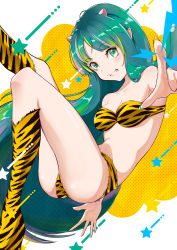 Rule 34 | 1girl, absurdres, animal print, ass, bare arms, bare shoulders, bikini, blush, boots, breasts, collarbone, commentary request, cone horns, fingernails, green eyes, green hair, highres, horns, itou kazuki, knee boots, lips, long hair, looking at viewer, lum, medium breasts, multicolored hair, multicolored nails, nail polish, oni, parted lips, pink hair, shiny skin, simple background, smile, solo, star (symbol), starry background, strapless, strapless bikini, swimsuit, symbol-shaped pupils, teeth, thighs, tiger print, tiger stripes, urusei yatsura