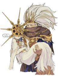 Rule 34 | 2boys, armor, blush, breastplate, brothers, brown scarf, carrying, cropped legs, dark souls (series), dark souls i, dark souls iii, dark sun gwyndolin, dress, grey dress, grey hair, hand up, highres, long hiar, looking at another, male focus, multiple boys, nameless king, princess carry, scarf, shoulder plates, siblings, simple background, speech bubble, spiked helmet, sweat, torn clothes, torn dress, translation request, zunkome