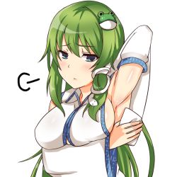 Rule 34 | 1 (kawaseha), 1girl, arm up, armpits, blush, body blush, breasts, detached sleeves, female focus, frog hair ornament, green eyes, green hair, hair ornament, kochiya sanae, long hair, looking at viewer, matching hair/eyes, sideboob, simple background, snake, solo, sweat, touhou, transparent background, uniform, upper body, white background