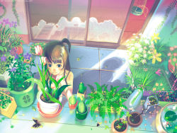 Rule 34 | 1girl, animal, bare shoulders, birdcage, blue eyes, blush, brown hair, bug, building, butterfly, cactus, cage, camisole, cherry blossoms, cloud, clover, daisy, dress, fern, flower, flower pot, garden, glass, grass, bug, lily (flower), lily pad, long hair, needle, orchid, original, petals, plant, potted plant, reflection, side ponytail, sleeveless, sleeveless dress, sliding doors, smile, solo, sundress, sunlight, tile floor, tiles, tulip, vase, vofan, water, white dress