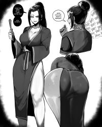 Rule 34 | 1girl, absurdres, ass, ass focus, avatar: the last airbender, avatar legends, azula, black hair, breasts, cleavage, dress, english text, facing away, greyscale, hair bun, hair pulled back, highres, huge ass, large breasts, long hair, looking at viewer, masoq, monochrome, ponytail, smile, solo, speech bubble, sweat