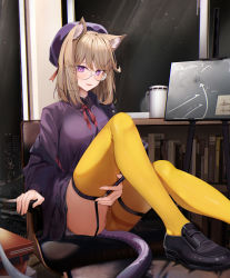 Rule 34 | 1girl, animal ear fluff, animal ears, arknights, beret, black skirt, blush, bookshelf, bow, bowtie, breasts, chair, collared shirt, glasses, hair ornament, hairclip, hat, highres, holding, holding pen, knees up, large breasts, looking at viewer, medium hair, official alternate costume, pen, purple eyes, purple shirt, ru zhai, shirt, shoes, sitting, skirt, smile, solo, tail, thighhighs, thighs, utage (arknights), utage (disguise) (arknights), yellow thighhighs