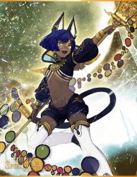 Rule 34 | 1girl, androgynous, animal ears, bastet (otogi:spirit agents), blue hair, copyright name, dark-skinned female, dark skin, hihara you, jackal ears, jackal girl, jackal tail, looking at viewer, looking down, official art, open mouth, otogi:spirit agents, second-party source, solo, yellow eyes, yellow theme