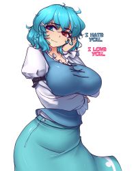 Rule 34 | 1girl, blue eyes, blue hair, blue skirt, breast hold, breasts, closed mouth, commentary, english text, hair ornament, hand on own cheek, hand on own face, hand up, hater (hatater), heterochromia, highres, juliet sleeves, large breasts, long sleeves, looking at viewer, puffy sleeves, red eyes, simple background, skirt, smile, solo, tatara kogasa, touhou, vest, white background, x hair ornament
