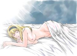 Rule 34 | 1girl, bed, bed sheet, blonde hair, breasts, completely nude, closed eyes, groin, hairband, iogi juichi, lipstick, long hair, lying, magetsukan kitan, makeup, morning, naked sheet, navel, nipples, nude, on side, open mouth, sleeping, solo, sunlight, toono tsukiko, under covers