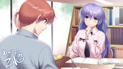 Rule 34 | 1boy, 1girl, angel beats!, black necktie, black ribbon, blue hair, blush, book, brown hair, casual, clenched hand, closed mouth, commentary, commission, day, english commentary, eyelashes, eyes visible through hair, frown, grey shirt, hair between eyes, hand up, highres, holding, holding pen, indoors, irie miyuki, library, long hair, long sleeves, looking at another, looking down, necktie, open book, otonashi yuzuru, paid reward available, parted lips, pen, pink shirt, purple eyes, red eyes, ribbon, scratching head, second-party source, shirt, short hair, signature, skeb commission, smile, sweatdrop, table, very long hair, writing, zen (kamuro)