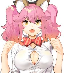 Rule 34 | 10s, 1girl, :d, animal ear fluff, animal ears, bad id, bad twitter id, bow, bowtie, breasts, bursting breasts, cleavage, fangs, fate/extra, fate/extra ccc, fate (series), fox ears, hair bow, large breasts, looking at viewer, official alternate costume, open mouth, pink hair, shovelwell, sidelocks, simple background, smile, solo, tamamo (fate), tamamo no mae (fate/extra), tamamo no mae (jk) (fate), twintails, upper body, white background, yellow eyes