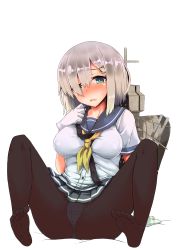 Rule 34 | 10s, 1girl, bad id, bad twitter id, breasts, cameltoe, eigetu, feet, gloves, green eyes, hair ornament, hair over one eye, hamakaze (kancolle), hand on own chest, highres, kantai collection, large breasts, machinery, no shoes, open mouth, panties, panties under pantyhose, pantyhose, school uniform, serafuku, short hair, silver hair, sitting, skirt, soles, solo, spread legs, toes, underwear, upskirt, white gloves