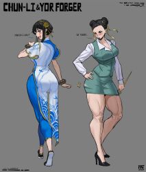 Rule 34 | 2girls, ass, black eyes, black hair, blush, breasts, capcom, chinese clothes, chun-li, cosplay, costume switch, double bun, english text, fatzhai, hair bun, hand on own hip, high heels, highres, large breasts, multiple girls, office lady, red eyes, spy x family, street fighter, street fighter 6, thick thighs, thighs, yor briar