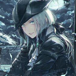 Rule 34 | 1girl, aqua eyes, black cloak, black gloves, bloodborne, bow, cloak, cloud, cloudy sky, fuunyon, gloves, hair bow, hat, highres, jewelry, lady maria of the astral clocktower, long hair, looking at viewer, moon, night, parted lips, pendant, sky, solo, tricorne, white hair