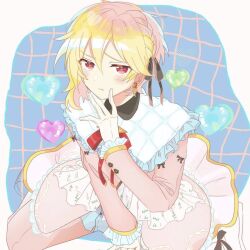 Rule 34 | 1boy, black bow, blonde hair, blush, bow, braid, chima (yuiti0122), closed mouth, cross x mark (ensemble stars!), earrings, ensemble stars!, gloves, hair bow, heart, jewelry, looking at viewer, male focus, nito nazuna, official alternate costume, pants, pink pants, pink shirt, pout, shirt, short hair, solo, white gloves