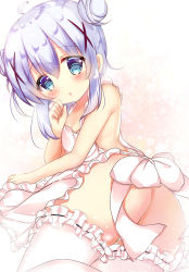 Rule 34 | 1girl, ahoge, apron, arm support, ass, bare arms, bare shoulders, blue eyes, blue hair, blush, breasts, commentary request, convenient censoring, double bun, frilled thighhighs, frills, gochuumon wa usagi desu ka?, hair bun, hair ornament, kafuu chino, looking at viewer, looking back, lying, naked apron, on side, parted lips, rikatan, side bun, sidelocks, small breasts, solo, thighhighs, white thighhighs, x hair ornament
