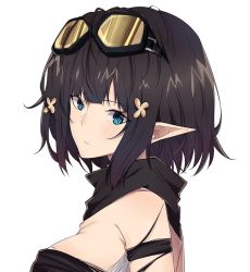 Rule 34 | 1girl, arknights, arm strap, bare shoulders, black hair, black scarf, blue eyes, breasts, commentary, eunectes (arknights), goggles, goggles on head, hair ornament, looking at viewer, medium breasts, pointy ears, pokarii zuu, scarf, short hair, simple background, solo, strapless, tube top, upper body, white background