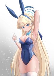 Rule 34 | 1girl, absurdres, animal ears, aqua bow, aqua bowtie, armpits, blonde hair, blue archive, blue eyes, blue leotard, blunt bangs, bow, bowtie, breasts, cleavage, commentary, covered navel, cowboy shot, cysicy, detached collar, dot nose, fake animal ears, frown, gradient background, grey background, halo, highleg, highleg leotard, highres, leotard, light particles, long hair, looking at viewer, medium breasts, official alternate costume, playboy bunny, presenting armpit, simple background, solo, strapless, strapless leotard, thighhighs, thighs, toki (blue archive), toki (bunny) (blue archive), very long hair, white thighhighs, wrist cuffs