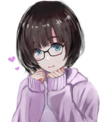 Rule 34 | 1girl, akito1218, black hair, blue eyes, blush, closed mouth, glasses, heart, long sleeves, looking at viewer, original, pink sweater, short hair, simple background, sleeves past fingers, sleeves past wrists, smile, solo, sweater, upper body, white background