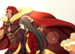 Rule 34 | 2boys, armor, beard, black hair, cape, facial hair, fate/zero, fate (series), fur-trimmed cape, fur trim, hand on another&#039;s head, iskandar (fate), jacket, leather armor, lens flare, long coat, long hair, lord el-melloi ii, male focus, mitsu (nonoko05), multiple boys, aged up, headpat, red hair, red jacket, scarf, stole, time paradox, waver velvet, yellow scarf