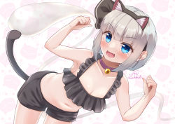 Rule 34 | 1girl, animal ears, animal hands, arms up, artist name, bare shoulders, bell, black bra, black hairband, black shorts, blue eyes, blush, bra, breasts, cat ears, cat tail, choker, fake animal ears, fake tail, fang, fangs, ghost, grey hair, hair between eyes, hairband, hands up, konpaku youmu, konpaku youmu (ghost), looking at viewer, medium breasts, navel, neck bell, open mouth, pink background, purple choker, rital, short hair, shorts, signature, smile, solo, standing, stomach, tail, tongue, touhou, underwear, white background