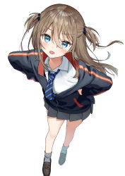 Rule 34 | 1girl, bare legs, black hoodie, black necktie, black scrunchie, blue eyes, blue necktie, blush, brown footwear, brown hair, closed mouth, collared shirt, dot nose, flat chest, full body, grey skirt, grey socks, grimace, hair between eyes, hands on own hips, highres, hood, hood down, hoodie, light frown, loafers, long hair, long sleeves, looking at viewer, muninshiki, necktie, original, pleated skirt, scrunchie, shirt, shoes, short twintails, simple background, skirt, socks, solo, standing, striped necktie, tongue, tongue out, twintails, two side up, uniform, white background, white shirt, zipper