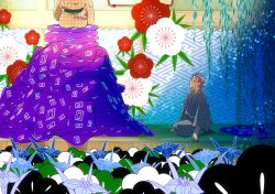 Rule 34 | 2boys, blue flower, blue sash, cherry blossoms, cushion, eyewear strap, flower, flower (symbol), from side, full body, glasses, green sash, grey hair, grey kimono, hair slicked back, head out of frame, houndstooth, hypnosis mic, indoors, iris (flower), japanese clothes, kimono, looking at another, looking up, male focus, multicolored hair, multiple boys, nurude sasara, opaque glasses, orange kimono, print kimono, profile, purple hair, red flower, round eyewear, sash, sayagata, seigaiha, seiza, short hair, sitting, stage, streaked hair, teria (teriarian), too many, tsutsujimori rosho, white flower, willow, zabuton