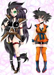 Rule 34 | 2girls, armor, black eyes, black hair, blush, boots, breasts, cleavage, crest, dougi, dragon ball, dragonball z, frown, genderswap, genderswap (mtf), grin, hair ornament, hairclip, hand on own hip, highres, hip focus, large breasts, lipstick, long hair, makeup, multiple girls, raditz, scouter, short hair, shorts, siblings, sisters, sleeveless, smile, son goku, thighhighs, very long hair