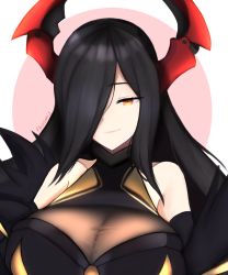 Rule 34 | 1girl, azur lane, bare shoulders, black hair, breasts, cleavage, closed mouth, collarbone, friedrich der grosse (azur lane), hair over one eye, half-closed eyes, horns, kosmis, large breasts, long hair, looking at viewer, red horns, see-through, signature, smlltb, solo, very long hair, yellow eyes