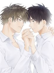 Rule 34 | 2boys, brown eyes, brown hair, couple, crying, crying with eyes open, eye contact, hand grab, hand on another&#039;s back, highres, looking at another, male focus, miyuki kazuya, multiple boys, parted lips, rio20011218, sawamura eijun, shirt, short hair, sideburns, smile, tears, upper body, white background, white shirt, yaoi